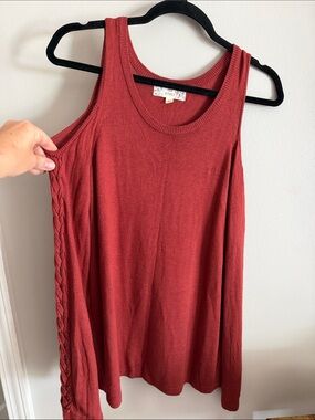 Pink Republic Cold Shoulder Sweater/Braided Detail on Sleeve in Rust Red